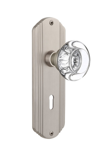 Nostalgic Warehouse - Deco Plate with Keyhole Privacy Round Clear Crystal Glass Door Knob in Satin Nickel - DECRCC - 718179 - 2 3/4" Backset