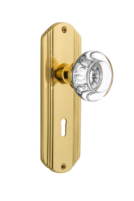 Nostalgic Warehouse - Deco Plate with Keyhole Double Dummy Round Clear Crystal Glass Door Knob in Unlacquered Brass - DECRCC - 706794