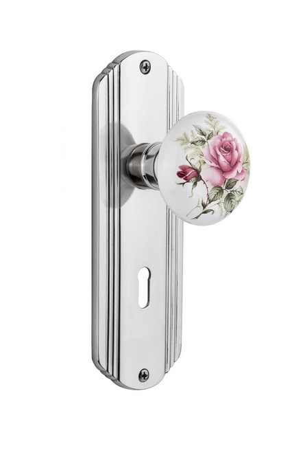 Nostalgic Warehouse - Deco Plate with Keyhole Passage White Rose Porcelain Door Knob in Bright Chrome - DECROS - 710585 - 2 3/4" Backset