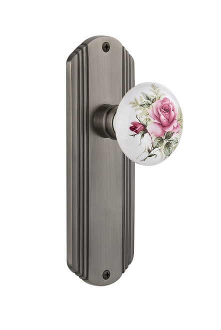 Nostalgic Warehouse - Deco Plate Double Dummy White Rose Porcelain Door Knob in Antique Pewter - DECROS - 706743