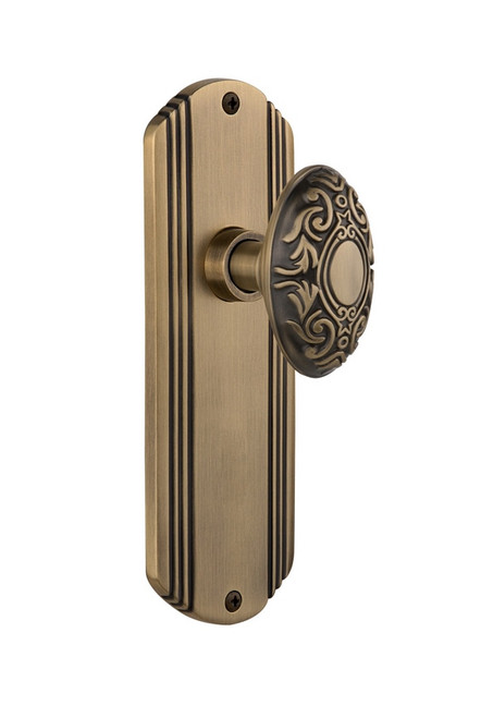 Nostalgic Warehouse - Deco Plate Passage Victorian Door Knob in Antique Brass - DECVIC - 705579 - 2 3/8" Backset