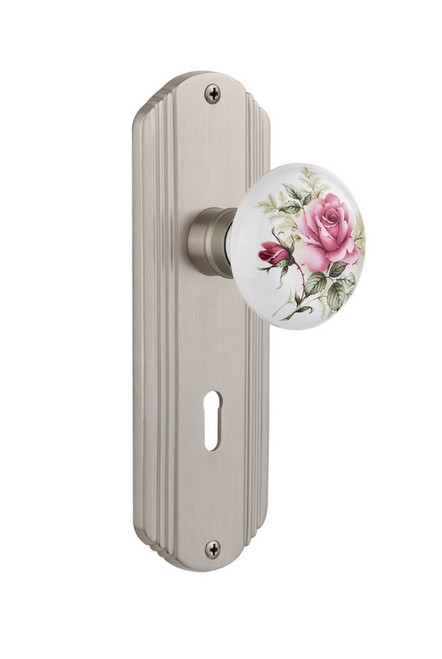 Nostalgic Warehouse - Deco Plate Interior Mortise White Rose Porcelain Door Knob in Satin Nickel - DECROS - 706755 - 2 1/4" Backset