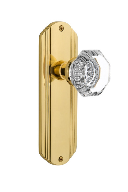 Nostalgic Warehouse - Deco Plate Passage Waldorf Door Knob in Unlacquered Brass - DECWAL - 708856 - 2 3/4" Backset