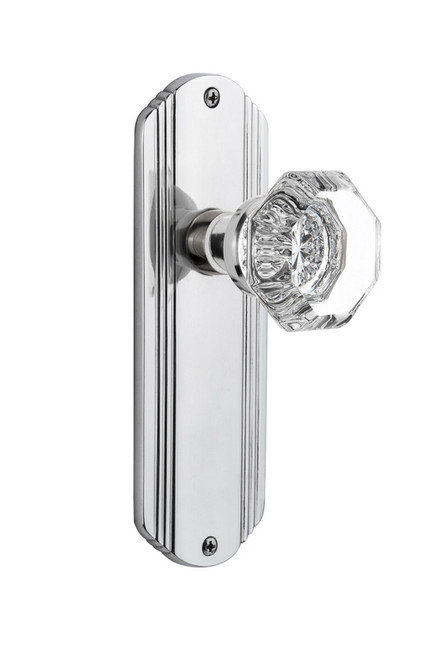 Nostalgic Warehouse - Deco Plate Privacy Waldorf Door Knob in Bright Chrome - DECWAL - 705641 - 2 3/8" Backset