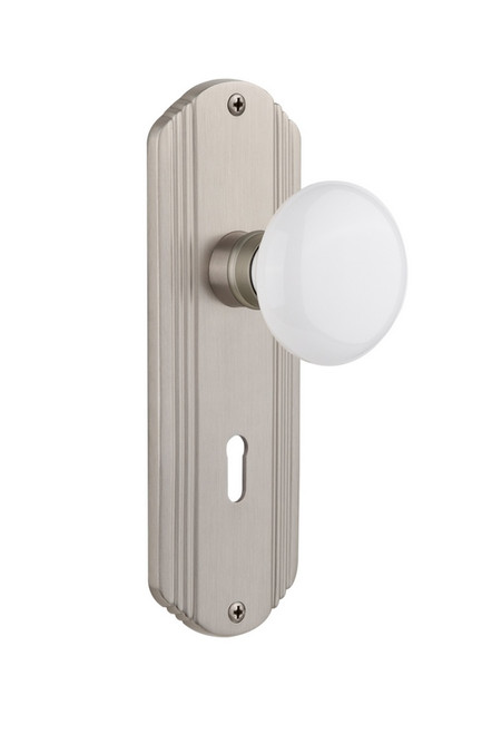 Nostalgic Warehouse - Deco Plate with Keyhole Passage White Porcelain Door Knob in Satin Nickel - DECWHI - 710669 - 2 3/4" Backset