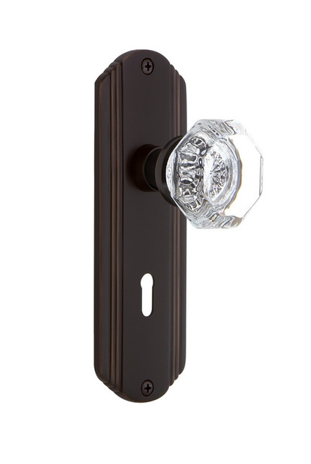 Nostalgic Warehouse - Deco Plate Interior Mortise Waldorf Door Knob in Timeless Bronze - DECWAL - 703846 - 2 1/4" Backset