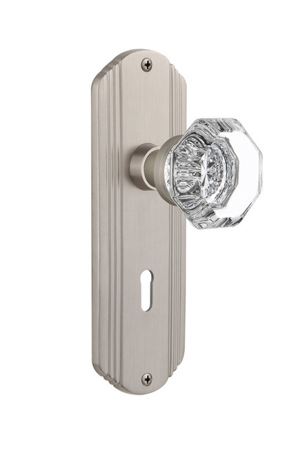 Nostalgic Warehouse - Deco Plate Interior Mortise Waldorf Door Knob in Satin Nickel - DECWAL - 706514 - 2 1/4" Backset