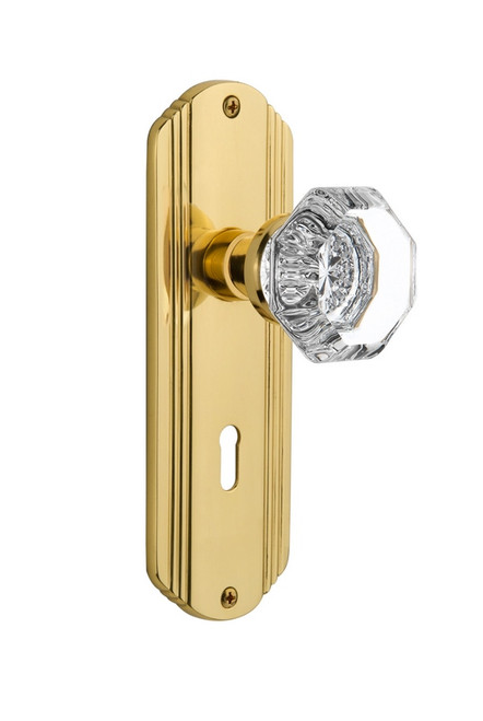 Nostalgic Warehouse - Deco Plate Interior Mortise Waldorf Door Knob in Unlacquered Brass - DECWAL - 706515 - 2 1/4" Backset