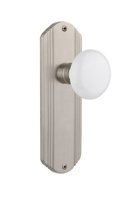 Nostalgic Warehouse - Deco Plate Privacy White Porcelain Door Knob in Satin Nickel - DECWHI - 714939 - 2 3/4" Backset