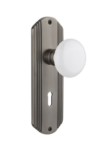 Nostalgic Warehouse - Deco Plate with Keyhole Privacy White Porcelain Door Knob in Antique Pewter - DECWHI - 718206 - 2 3/4" Backset