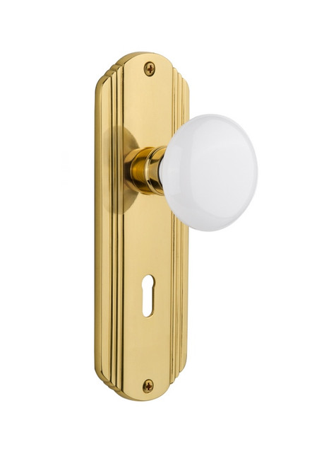Nostalgic Warehouse - Deco Plate with Keyhole Single Dummy White Porcelain Door Knob in Polished Brass - DECWHI - 702163