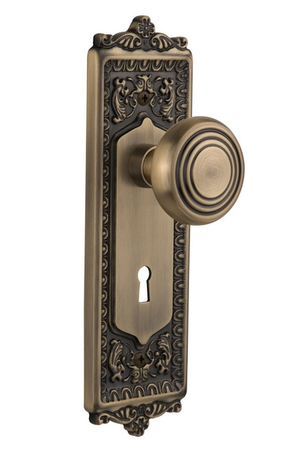 Nostalgic Warehouse - Egg & Dart Plate Interior Mortise Deco Door Knob in Antique Brass - EADDEC - 707151 - 2 1/4" Backset