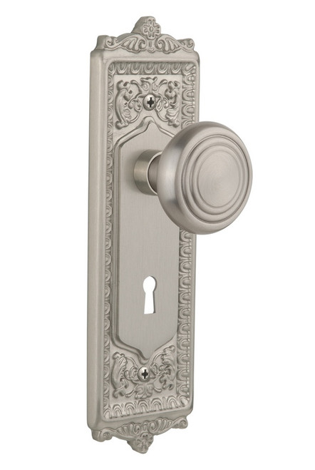Nostalgic Warehouse - Egg & Dart Plate Interior Mortise Deco Door Knob in Satin Nickel - EADDEC - 707155 - 2 1/4" Backset