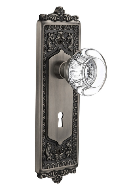 Nostalgic Warehouse - Egg & Dart Plate with Keyhole Double Dummy Round Clear Crystal Glass Door Knob in Antique Pewter - EADRCC - 712454