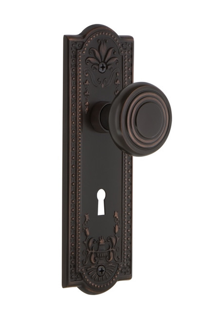 Nostalgic Warehouse - Meadows Plate Interior Mortise Deco Door Knob in Timeless Bronze - MEADEC - 708195 - 2 1/4" Backset
