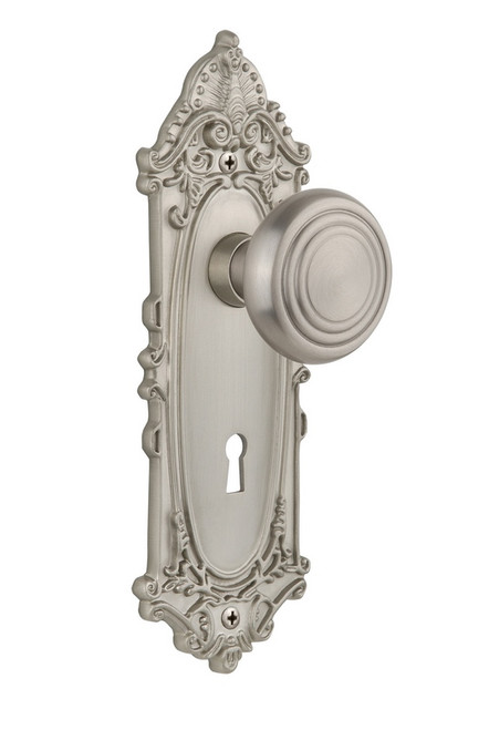 Nostalgic Warehouse - Victorian Plate Interior Mortise Deco Door Knob in Satin Nickel - VICDEC - 707385 - 2 1/4" Backset