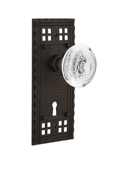 Nostalgic Warehouse - Craftsman Plate Interior Mortise Crystal Egg & Dart Knob in Oil-Rubbed Bronze - CRACED - 751635 - 2 1/4" Backset