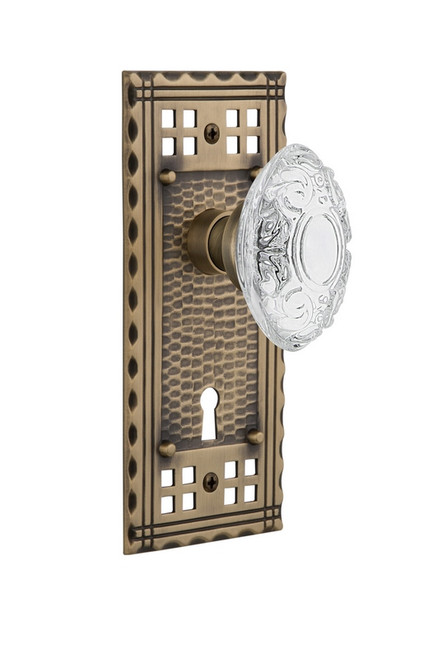 Nostalgic Warehouse - Craftsman Plate Passage with Keyhole Crystal Victorian Knob in Antique Brass - CRACVI - 754010 - 2 3/4" Backset