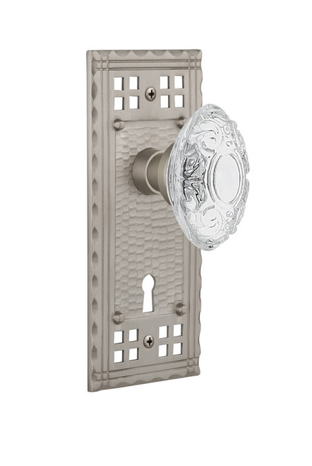 Nostalgic Warehouse - Craftsman Plate Passage with Keyhole Crystal Victorian Knob in Satin Nickel - CRACVI - 754009 - 2 3/4" Backset