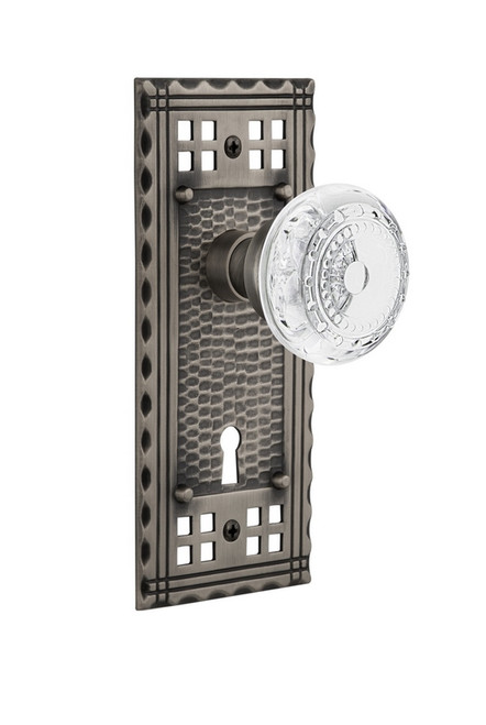 Nostalgic Warehouse - Craftsman Plate Privacy with Keyhole Crystal Meadows Knob in Antique Pewter - CRACME - 753412 - 2 3/8" Backset