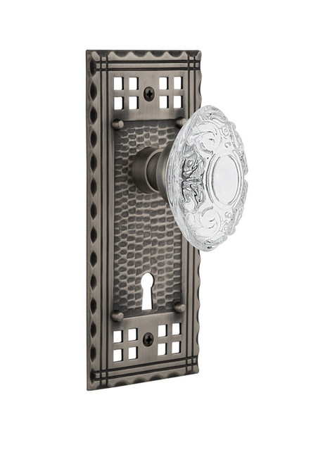 Nostalgic Warehouse - Craftsman Plate Privacy with Keyhole Crystal Victorian Knob in Antique Pewter - CRACVI - 753623 - 2 3/4" Backset