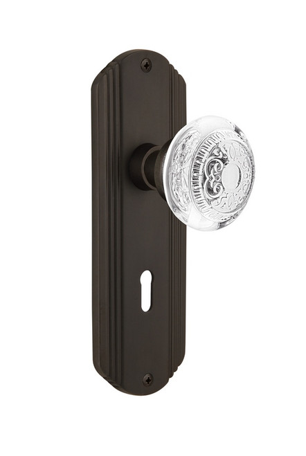 Nostalgic Warehouse - Deco Plate Interior Mortise Crystal Egg & Dart Knob in Oil-Rubbed Bronze - DECCED - 751641 - 2 1/4" Backset