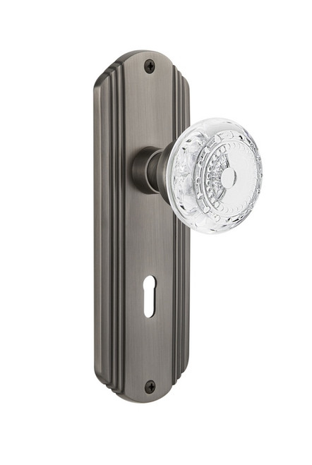Nostalgic Warehouse - Deco Plate Interior Mortise Crystal Meadows Knob in Antique Pewter - DECCME - 753535 - 2 1/4" Backset