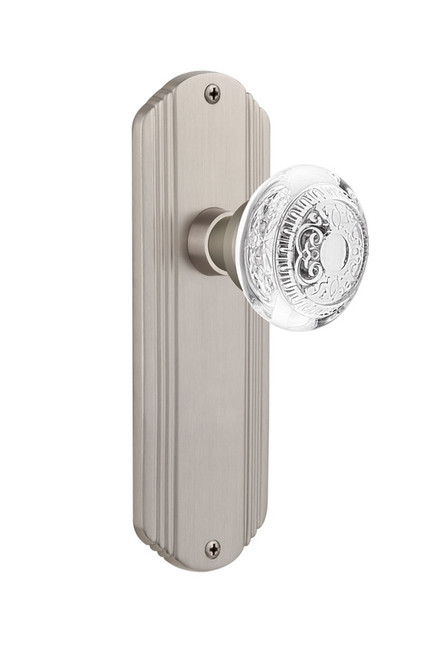 Nostalgic Warehouse - Deco Plate Passage Crystal Egg & Dart Knob in Satin Nickel - DECCED - 750188 - 2 3/4" Backset