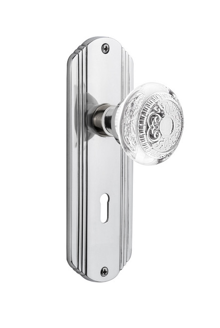 Nostalgic Warehouse - Deco Plate Passage with Keyhole Crystal Egg & Dart Knob in Bright Chrome - DECCED - 750486 - 2 3/8" Backset