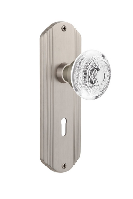 Nostalgic Warehouse - Deco Plate Passage with Keyhole Crystal Egg & Dart Knob in Satin Nickel - DECCED - 750500 - 2 3/4" Backset