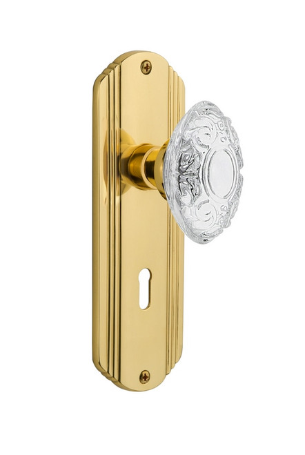 Nostalgic Warehouse - Deco Plate Passage with Keyhole Crystal Victorian Knob in Unlacquered Brass - DECCVI - 754259 - 2 3/8" Backset