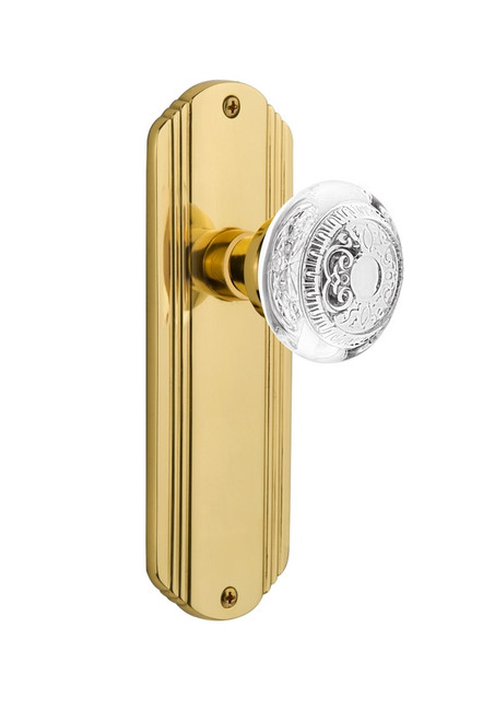 Nostalgic Warehouse - Deco Plate Privacy Crystal Egg & Dart Knob in Polished Brass - DECCED - 751112 - 2 3/8" Backset