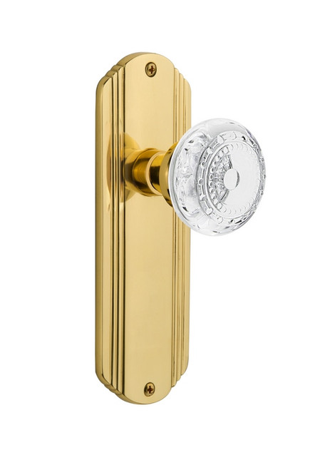 Nostalgic Warehouse - Deco Plate Privacy Crystal Meadows Knob in Unlacquered Brass - DECCME - 752529 - 2 3/8" Backset