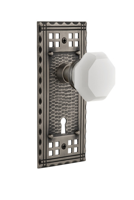 Nostalgic Warehouse - Craftsman Plate with Keyhole Double Dummy Waldorf White Milk Glass Knob in Antique Pewter - CRAWAW - 748802