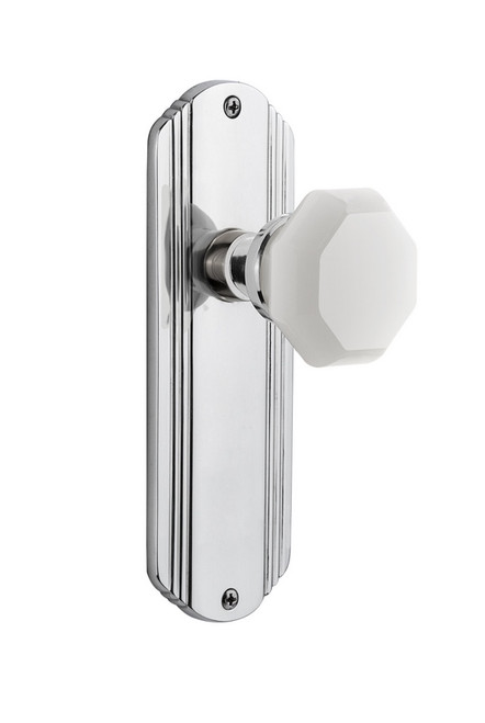 Nostalgic Warehouse - Deco Plate Double Dummy Waldorf White Milk Glass Knob in Bright Chrome - DECWAW - 748730