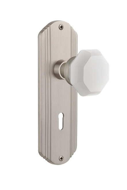 Nostalgic Warehouse - Deco Plate with Keyhole Double Dummy Waldorf White Milk Glass Knob in Satin Nickel - DECWAW - 748811