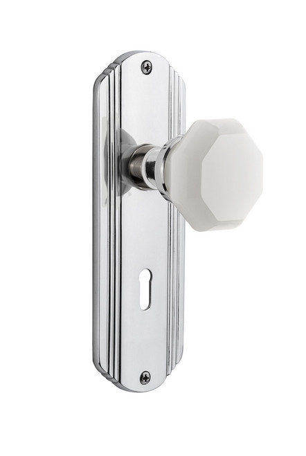 Nostalgic Warehouse - Deco Plate Interior Mortise Waldorf White Milk Glass Knob in Bright Chrome - DECWAW - 749503 - 2 1/4" Backset