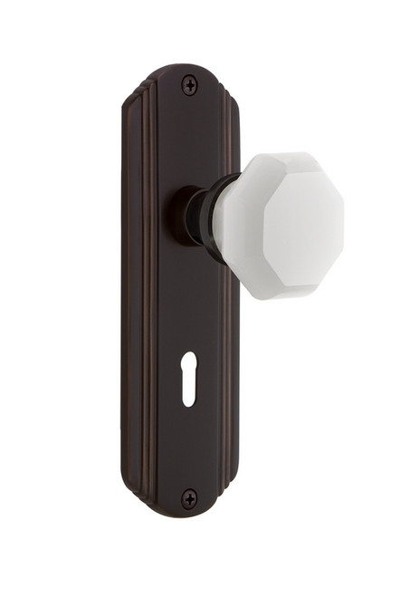 Nostalgic Warehouse - Deco Plate Interior Mortise Waldorf White Milk Glass Knob in Timeless Bronze - DECWAW - 749507 - 2 1/4" Backset