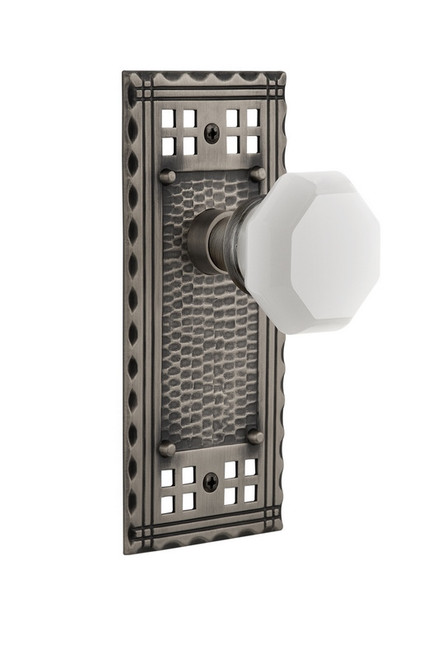 Nostalgic Warehouse - Craftsman Plate Passage Waldorf White Milk Glass Knob in Antique Pewter - CRAWAW - 748020 - 2 3/4" Backset