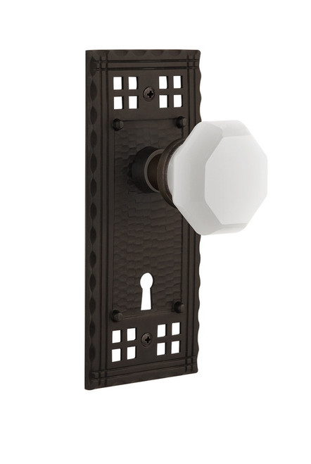 Nostalgic Warehouse - Craftsman Plate with Keyhole Passage Waldorf White Milk Glass Knob in Oil-Rubbed Bronze - CRAWAW - 748341 - 2 3/8" Backset