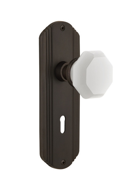 Nostalgic Warehouse - Deco Plate with Keyhole Passage Waldorf White Milk Glass Knob in Oil-Rubbed Bronze - DECWAW - 748371 - 2 3/8" Backset