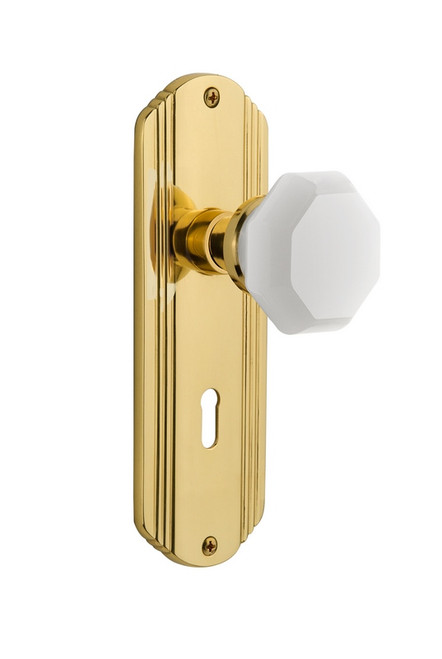 Nostalgic Warehouse - Deco Plate with Keyhole Passage Waldorf White Milk Glass Knob in Polished Brass - DECWAW - 748372 - 2 3/8" Backset