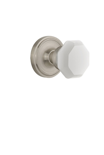 Nostalgic Warehouse - Classic Rosette Privacy Waldorf White Milk Glass Knob in Satin Nickel - CLAWAW - 748917 - 2 3/8" Backset