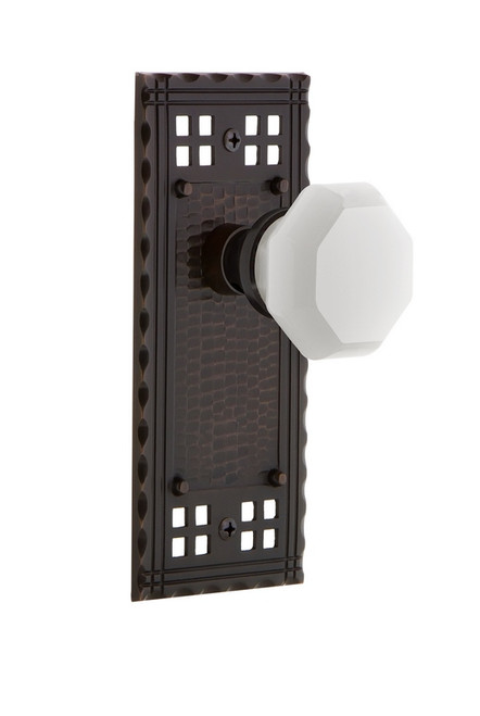 Nostalgic Warehouse - Craftsman Plate Privacy Waldorf White Milk Glass Knob in Timeless Bronze - CRAWAW - 748967 - 2 3/8" Backset