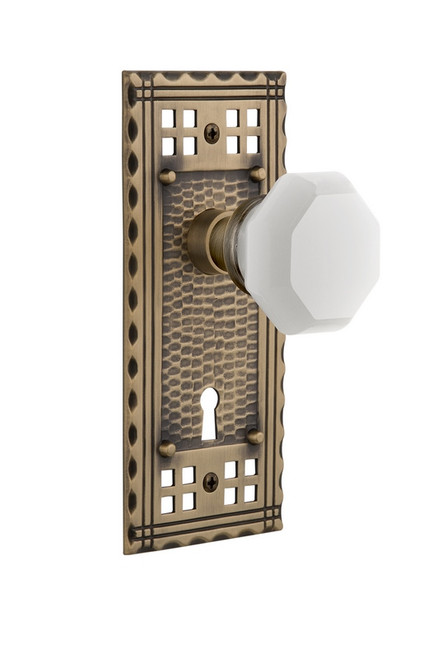 Nostalgic Warehouse - Craftsman Plate with Keyhole Privacy Waldorf White Milk Glass Knob in Antique Brass - CRAWAW - 749267 - 2 3/4" Backset