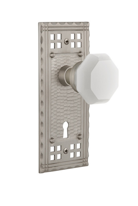 Nostalgic Warehouse - Craftsman Plate with Keyhole Privacy Waldorf White Milk Glass Knob in Satin Nickel - CRAWAW - 749275 - 2 3/4" Backset