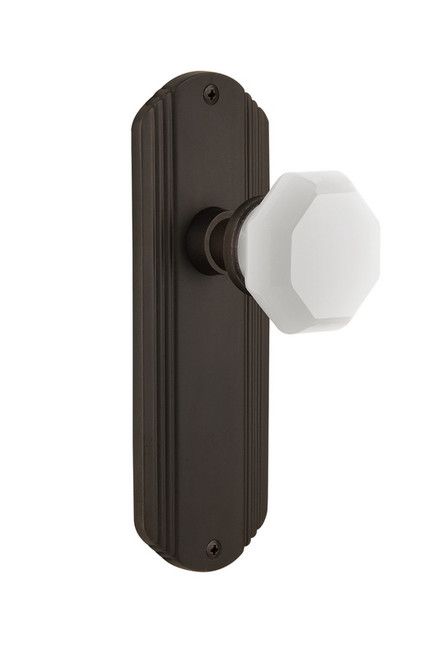 Nostalgic Warehouse - Deco Plate Privacy Waldorf White Milk Glass Knob in Oil-Rubbed Bronze - DECWAW - 748995 - 2 3/8" Backset