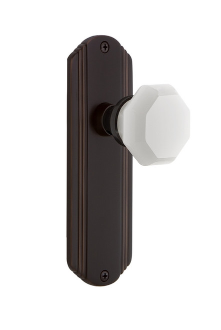 Nostalgic Warehouse - Deco Plate Privacy Waldorf White Milk Glass Knob in Timeless Bronze - DECWAW - 748998 - 2 3/8" Backset