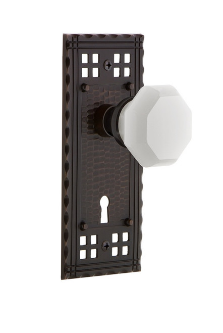Nostalgic Warehouse - Craftsman Plate with Keyhole Single Dummy Waldorf White Milk Glass Knob in Timeless Bronze - CRAWAW - 748649