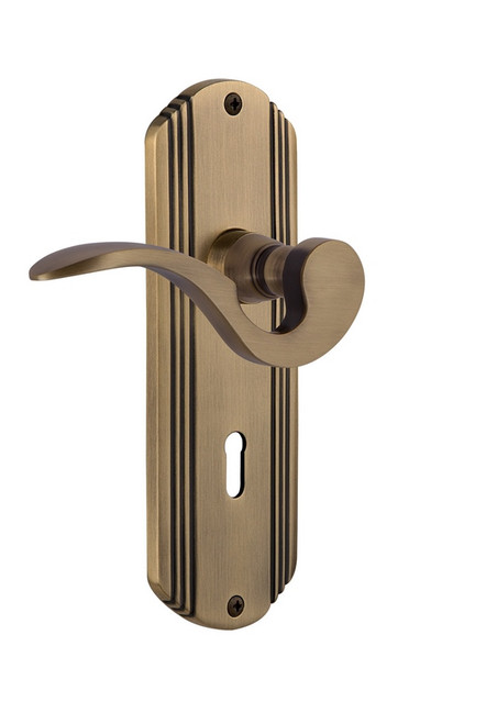 Nostalgic Warehouse - Deco Plate Privacy with Keyhole Manor Lever in Antique Brass - DECMAN - 763172 - 2 3/8" Backset